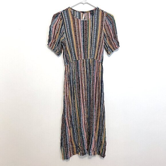 EMERY ROSE SHEIN Striped Puff Sleeve Dress White Black Multi Geometric Boho Midi - Picture 2 of 14